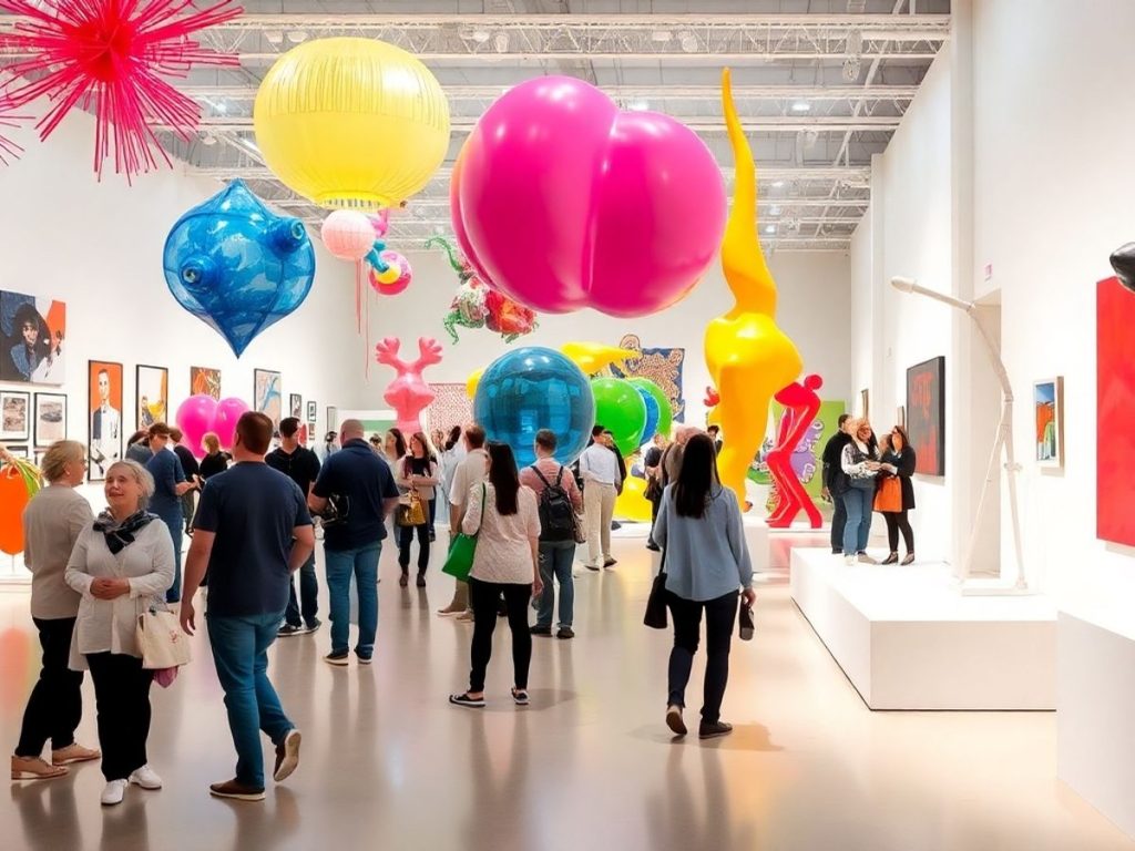 Expoziție de artă contemporană cu lucrări diverse și colorate.
