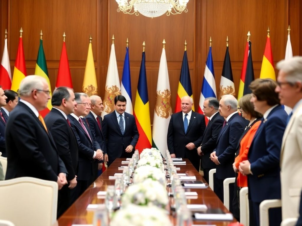 Summit politic internațional cu lideri și steaguri.