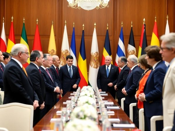 Summit politic internațional cu lideri și steaguri.