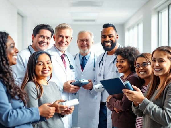 Pacienți zâmbitori, medici optimiști, tehnologie medicală avansată.